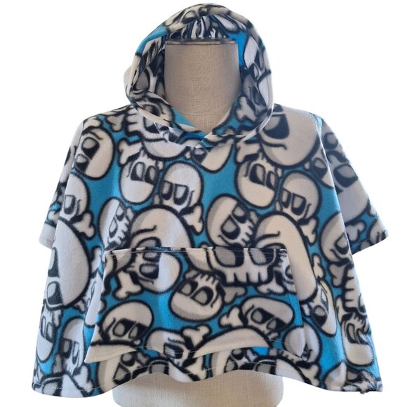 Handmade Other - Handmade Kids Fleece Skull Poncho W Pocket & Hood Car Seat Blue Black White
